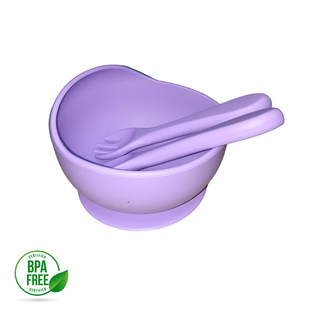 Bowl tazón cuchara y tenedor de silicona para niños - Lila