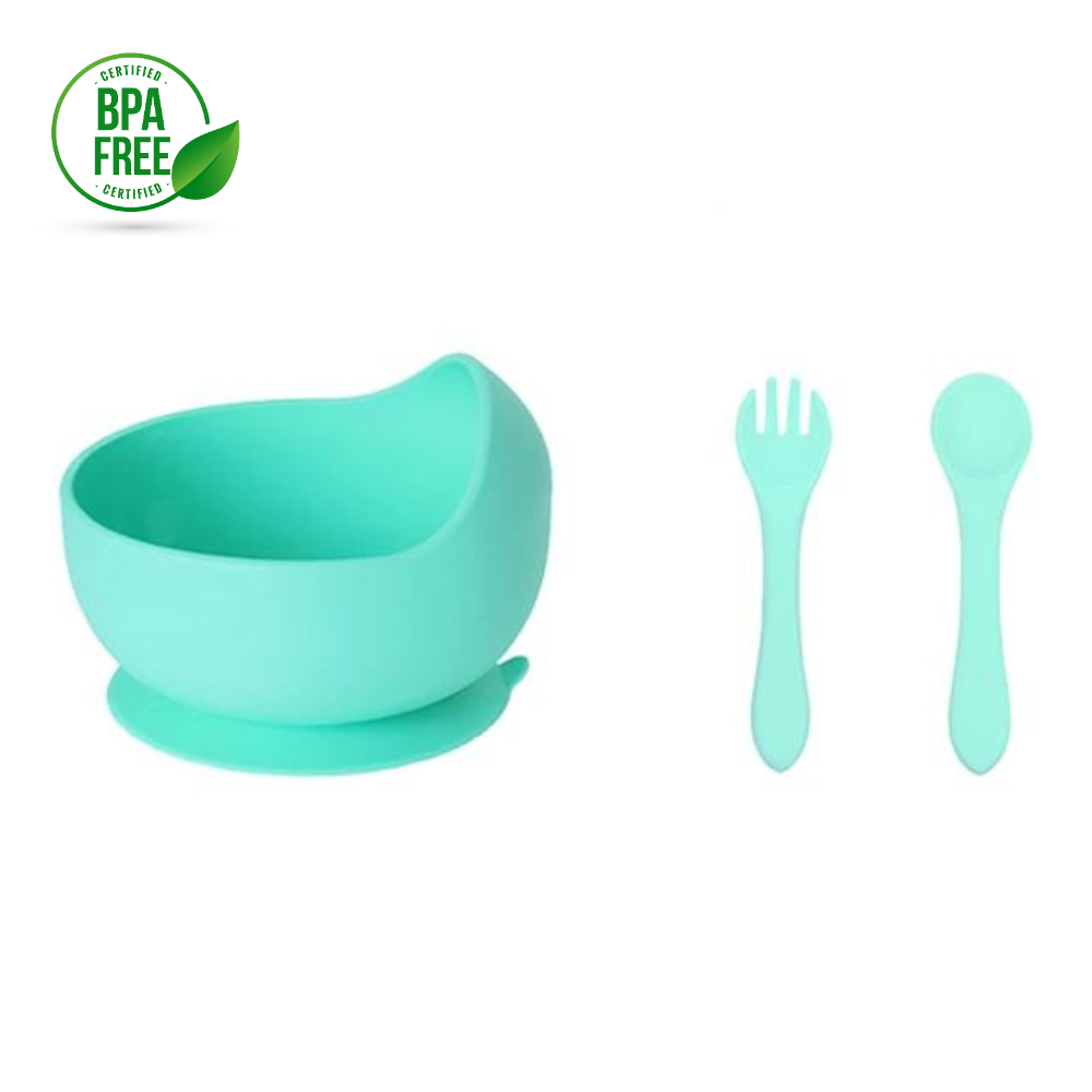 Bowl tazón cuchara y tenedor de silicona para niños - Turquesa